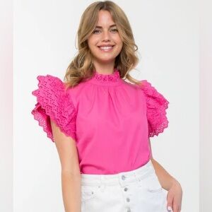 THML - Pink Eyelet Ruffle Sleeve Blouse